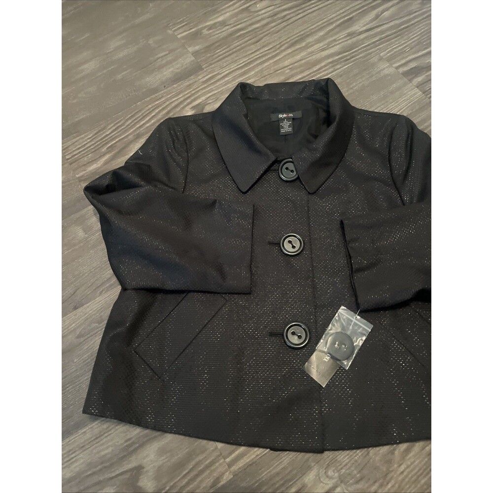 STYLE & CO Women’s Shiny Finish Lined Button Front Swing Jacket Black Size 8 - Picture 3 of 11